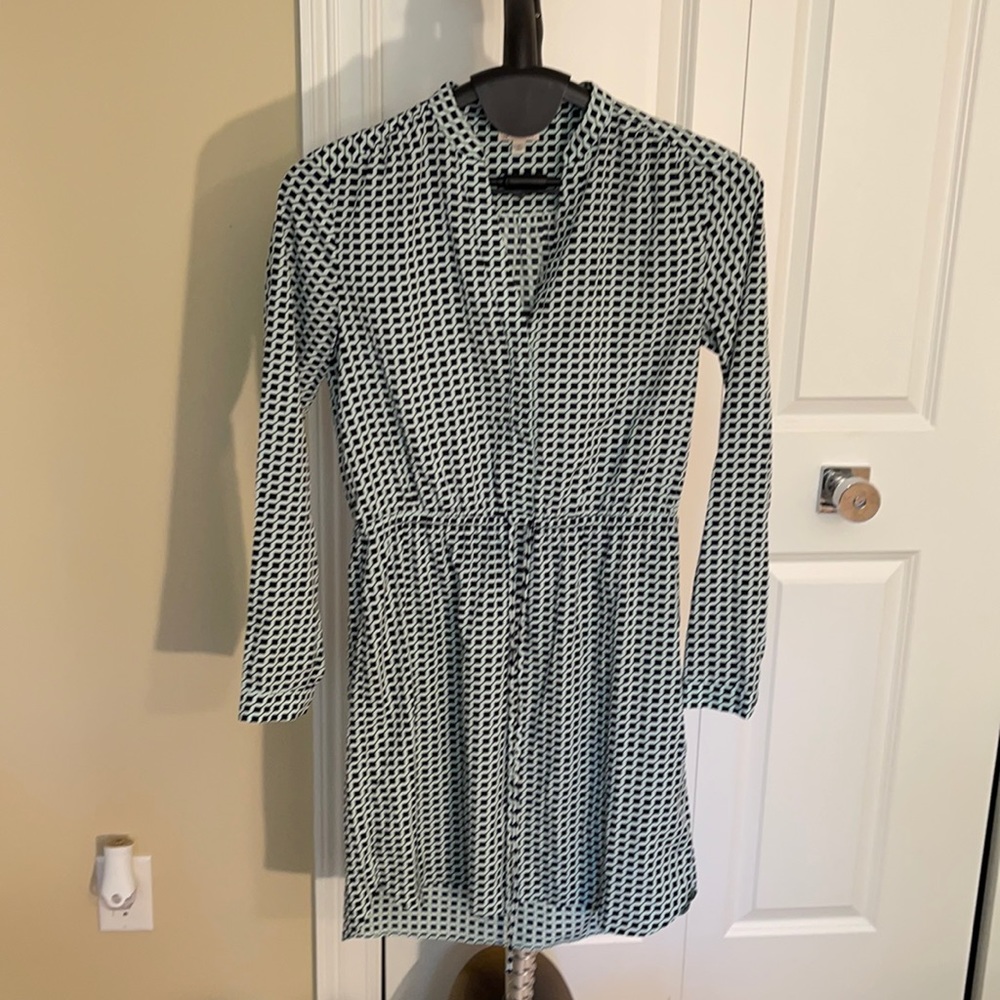 Navy and light teal geometric print dress